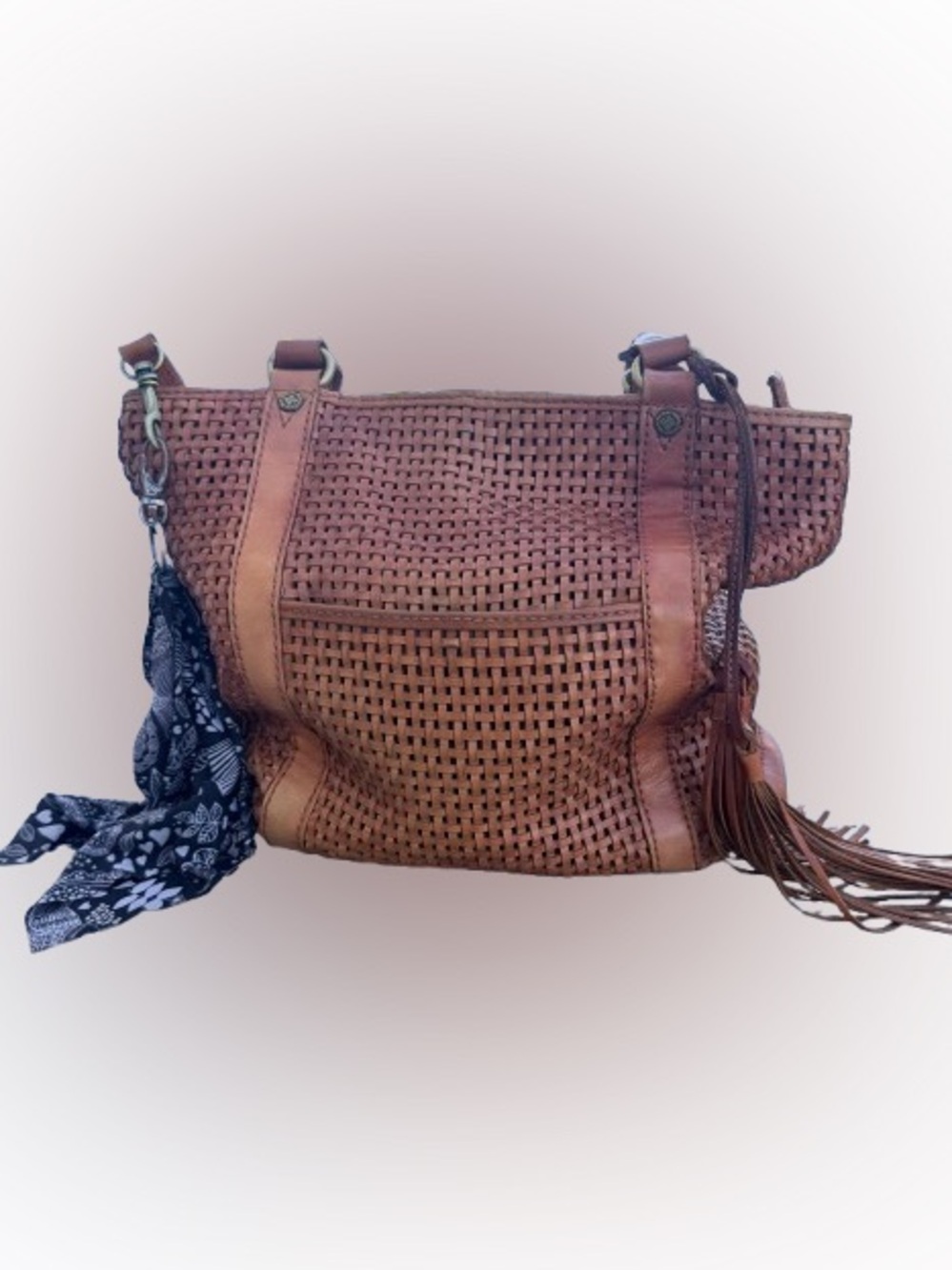 Patricia Nash Woven Leather Tote Bag Cognac Brown Braided Handles Tassel Boho